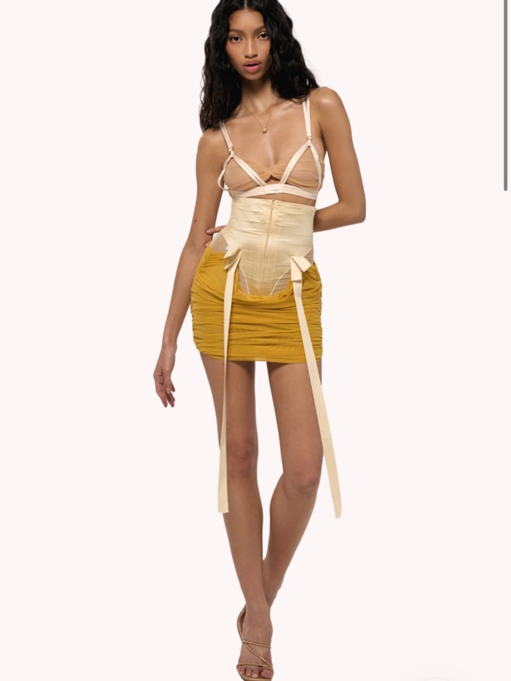 Satin Corset & Ruched Mini Skiet in Cream and Mustard